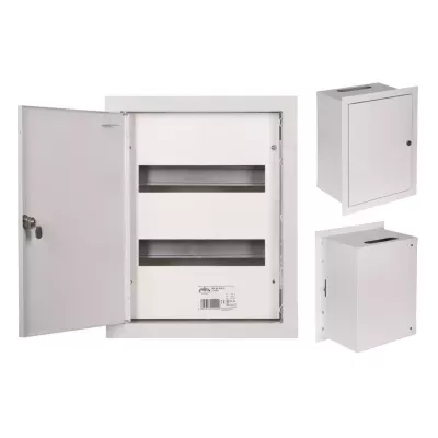 Rozdzielnica-modulowa-podtynkowa-24-moduly-IP31-270x355x120-Biala-RP-24-Z-ZAMKIEM-widok-trzech-perspektyw-rozdzielnicy.webp
